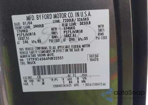 2004 Ford F-150 Fx4/Lariat/Xl/Xlt z USA, uszkodzony, nr VIN 1FTPX14564NB32551